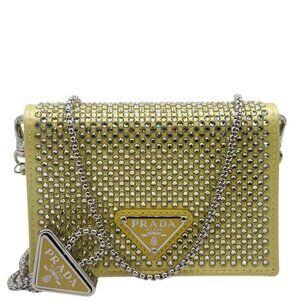 Prada  Triangle Logo Crystal Satin Chain Card Holder Shoulder Bag Gold